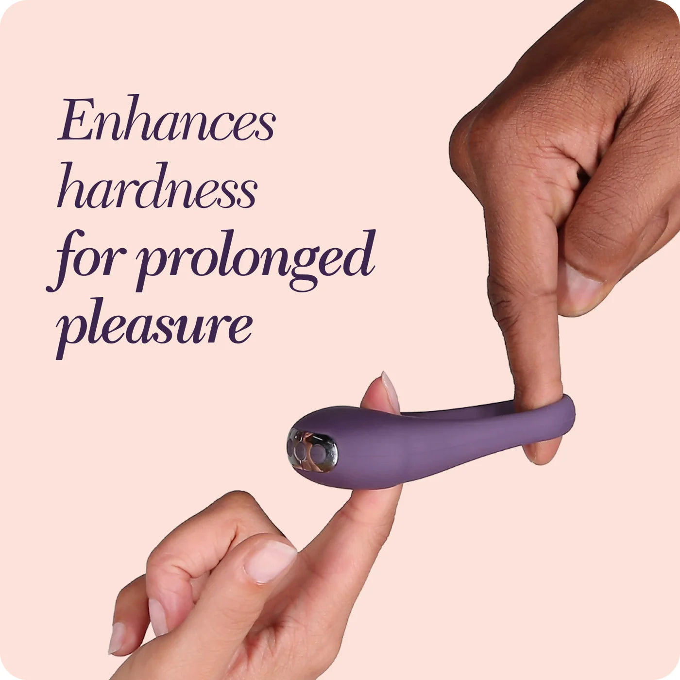 Purple handheld device being held by two hands with text on a pink background