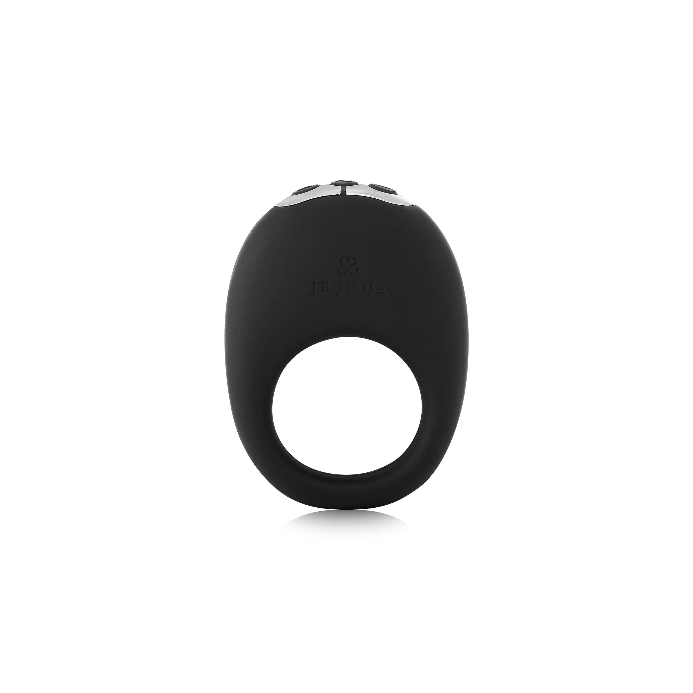 A black personal massager ring with a silver control panel on top, shown from a front-facing perspective on a clean white background.