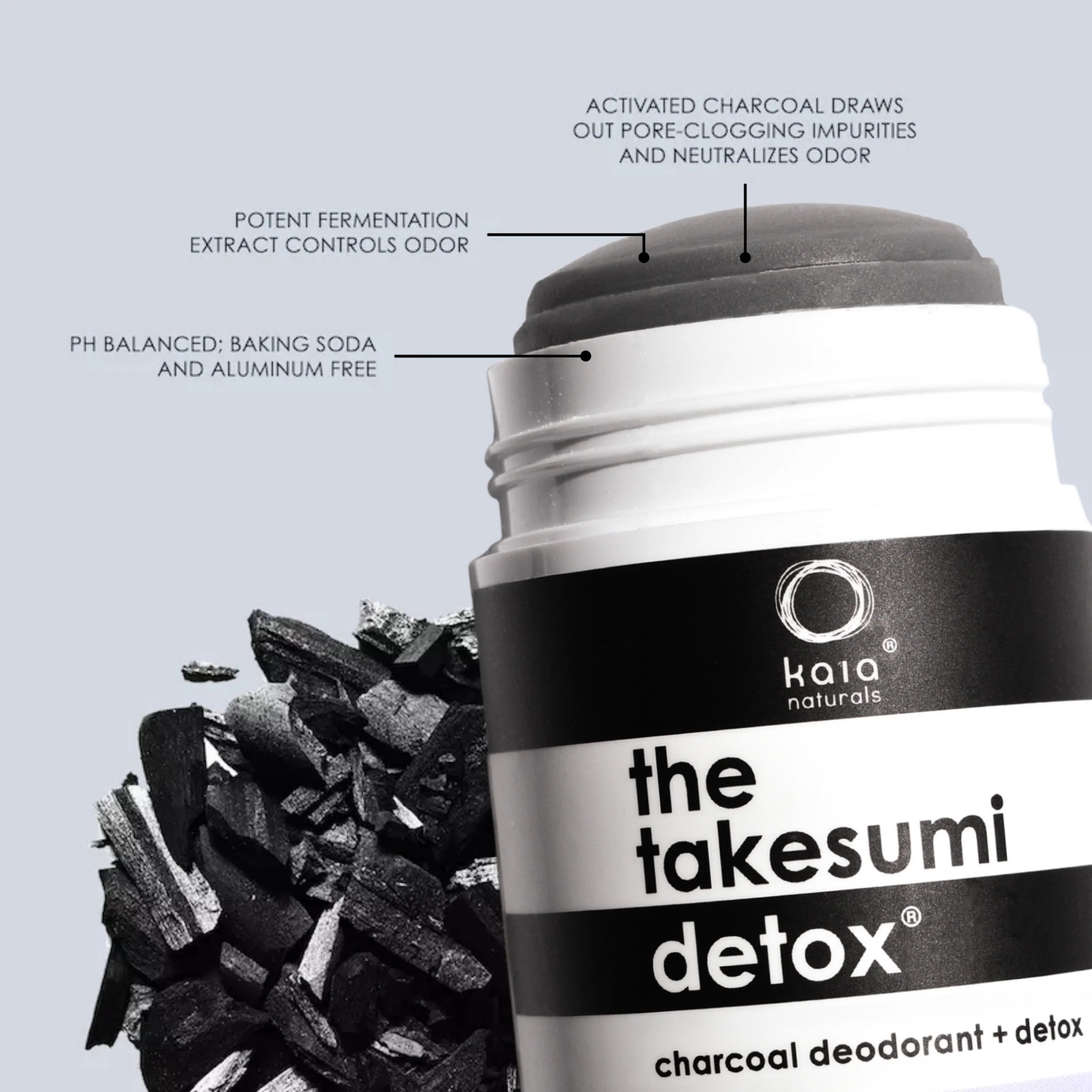Kaia Naturals takesumi detox charcoal deodorant with labeled benefits on a light gray background