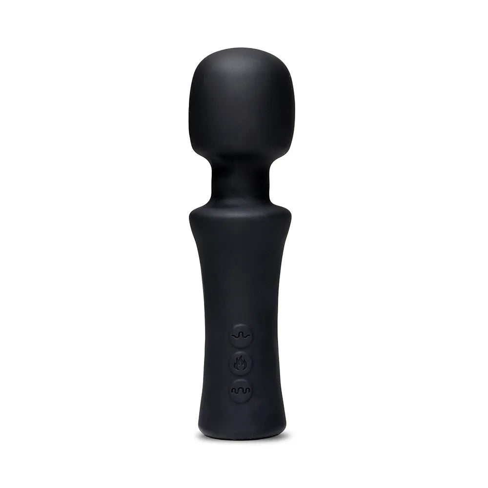 A matte black personal massager with a rounded head and textured handle, featuring three control buttons on the front, shown against a plain white background.