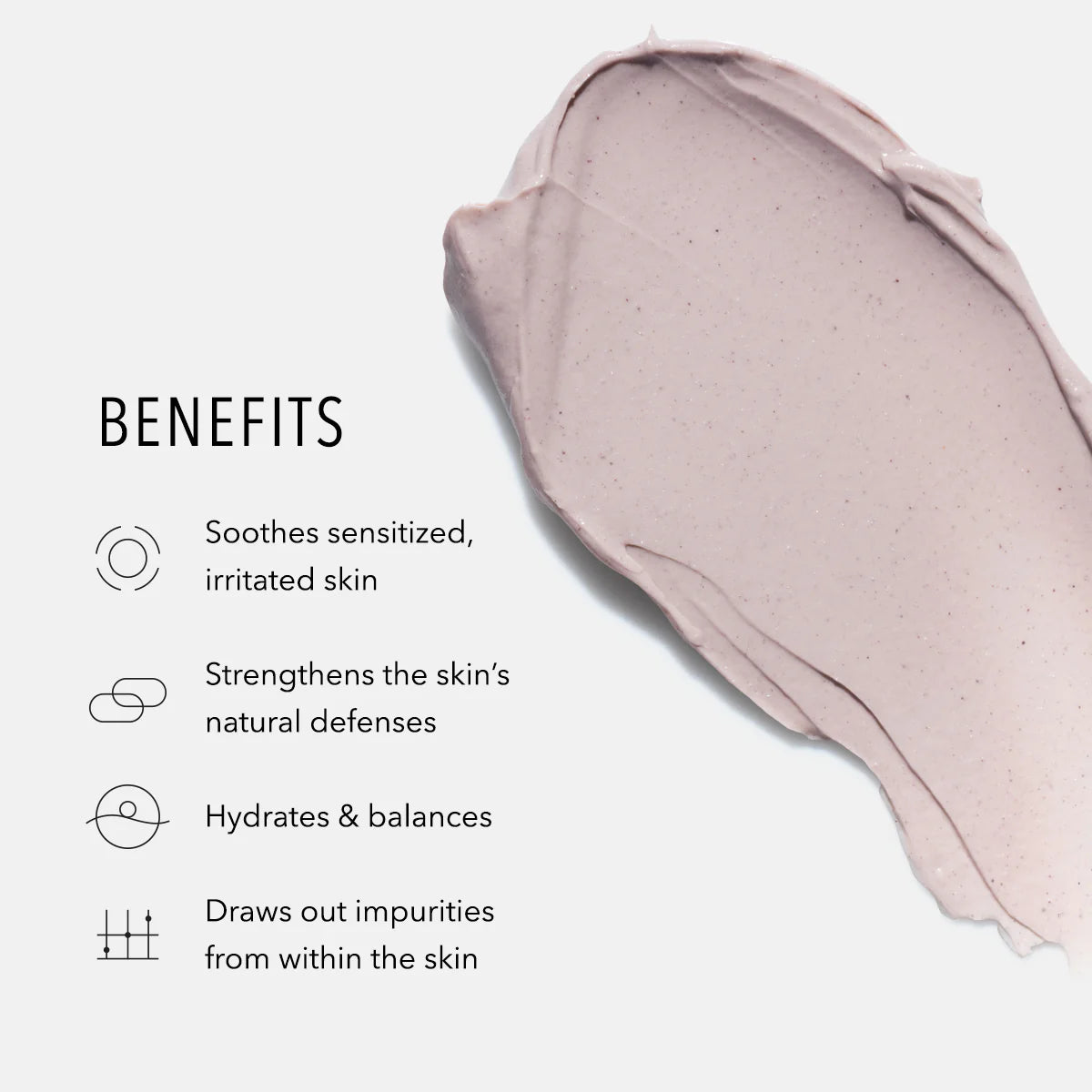 Product swatch with text listing benefits on a light background