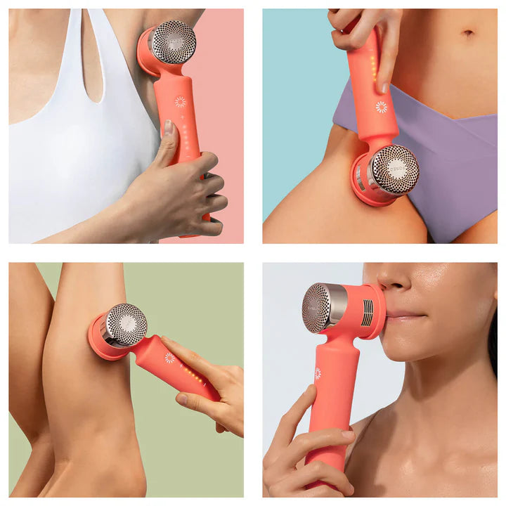 Coral-coloured handheld FOREO device being used on various parts of a person's body against different coloured backgrounds.
