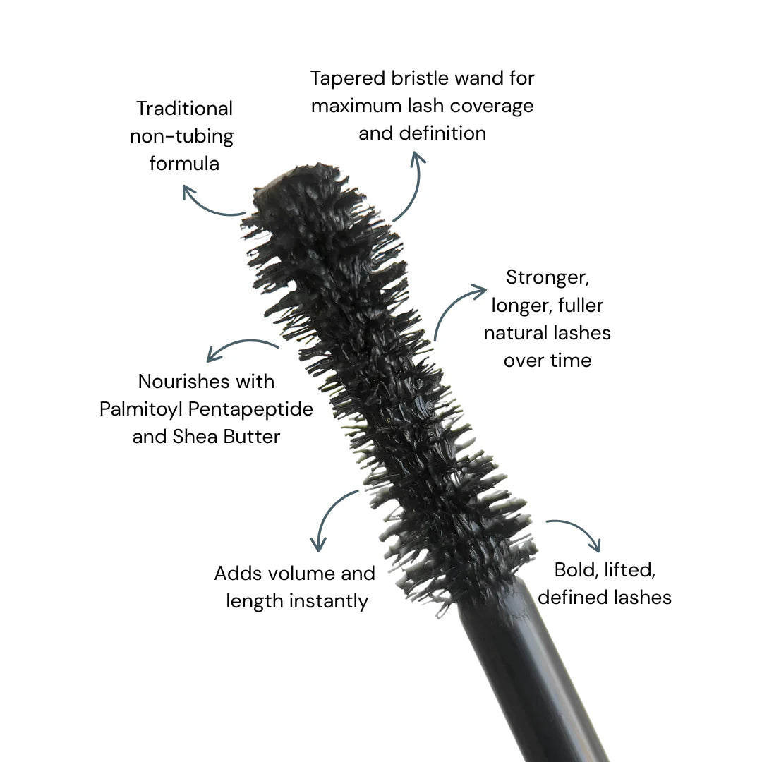 Mascara wand with labeled features on a white background