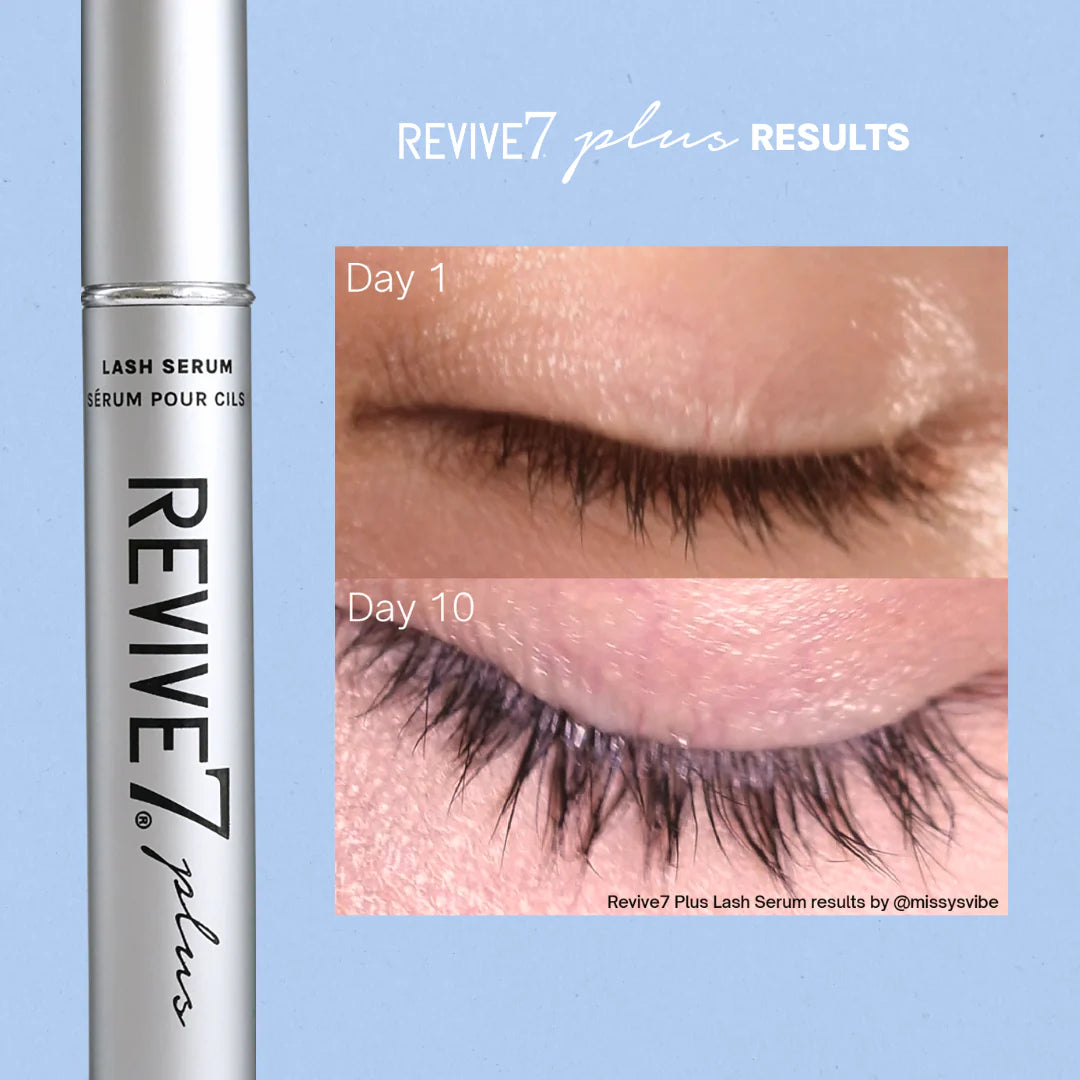 Revive7 Plus lash serum with before and after results on eyelashes on a blue background