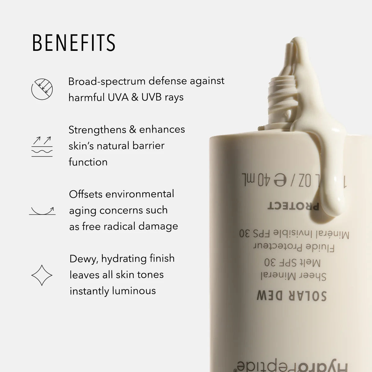 Cosmetic product with benefits listed on a white background