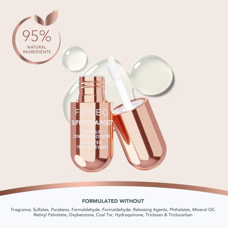 FOREO Supercharged serum packaging with text about natural ingredients