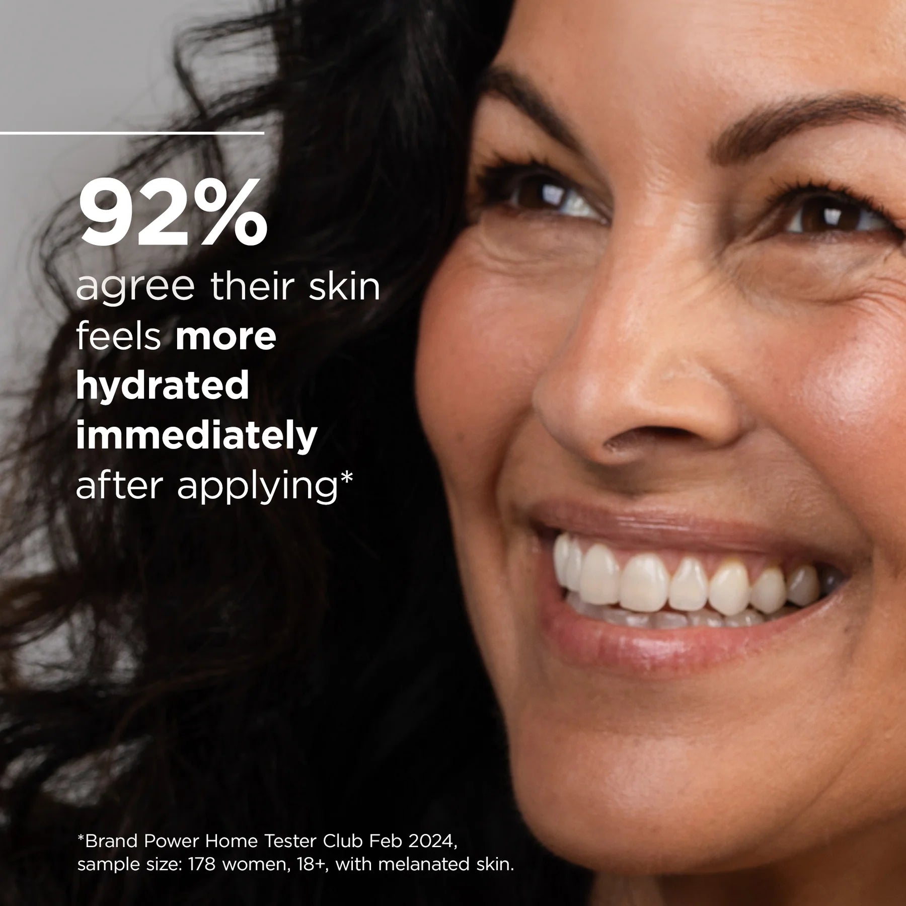 Woman with a smile, text indicating skin hydration improvement, and brand power statistic.