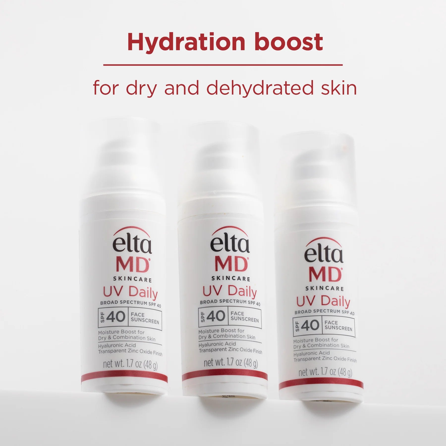 Three bottles of Elta MD UV Daily Broad Spectrum SPF 40 on a white background with 'Hydration boost' text.