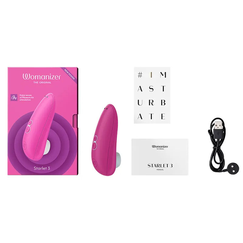 Womanizer Starler 3 personal massager shown with its pink retail box, the device itself, a white instruction card, a white product card, and a black USB charging cable on a plain white background.