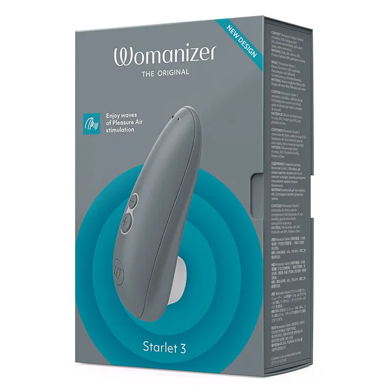 The retail packaging box for the Womanizer Starlet 3 adult novelty device, featuring a gray and teal design with an illustration of the device.