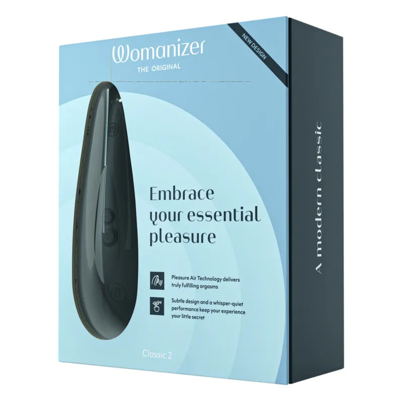 Womanizer product packaging with text on a light blue background