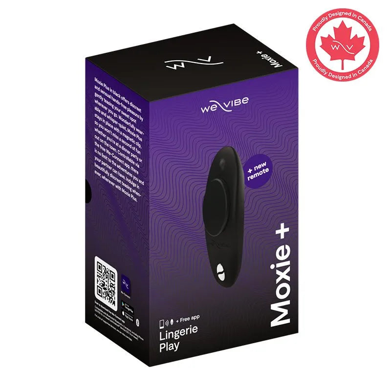 Moxie+ Lingerie Play remote control retail box by We Vibe, featuring a purple and black design with a graphic of the black oval remote, shown on a white background with a red Canadian Made badge in the top right.