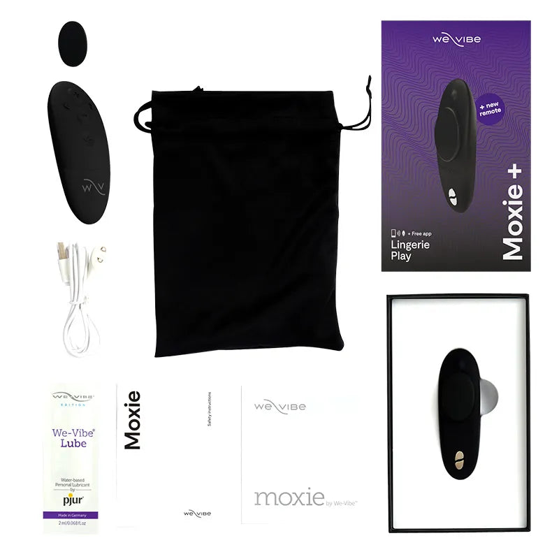 We-Vibe Moxie product set including device, packaging, and accessories on a white background
