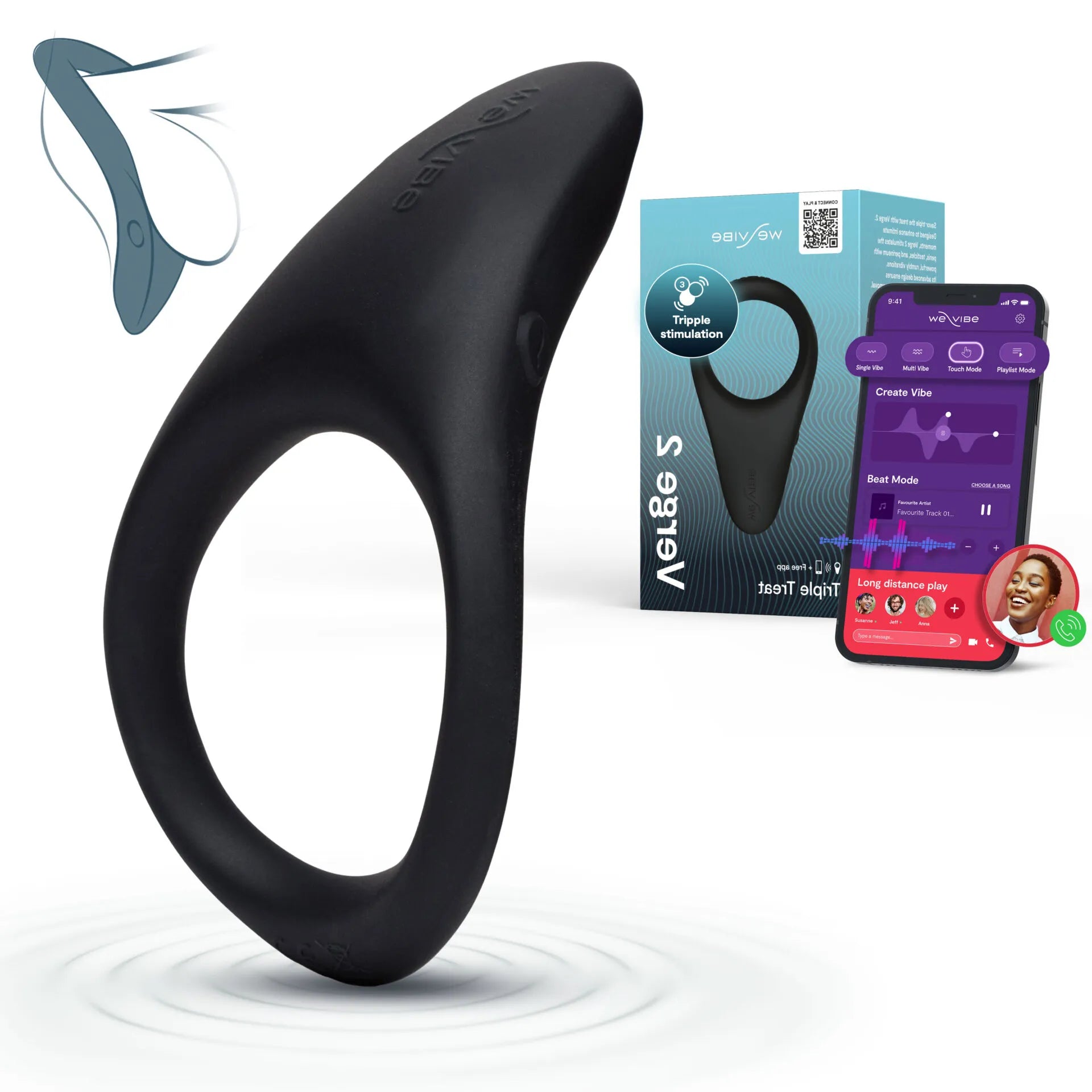 Black ring with packaging and smartphone app on a white background