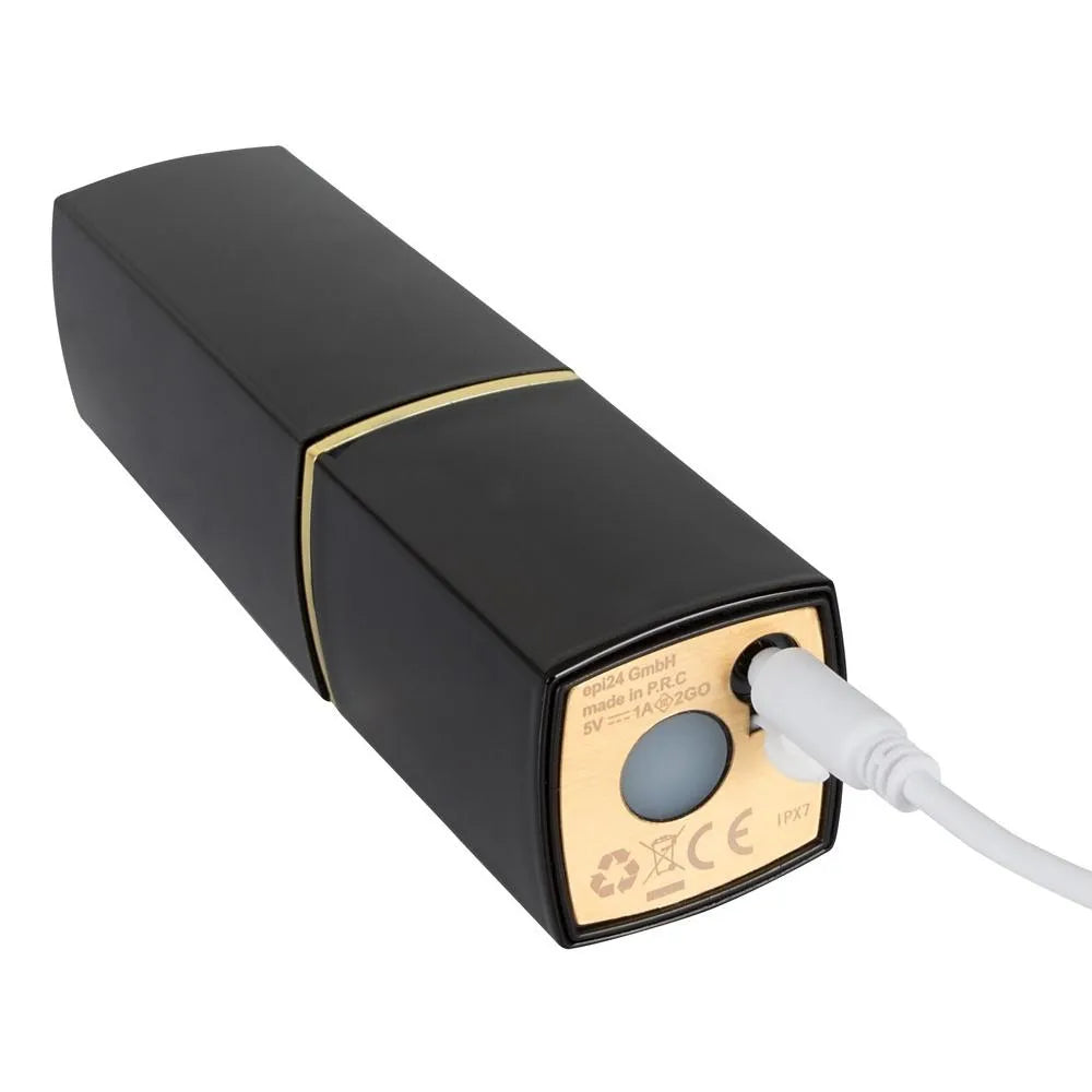 A black rectangular electronic device with a gold-colored front panel, featuring a circular window and a white power cable plugged in, shown on a plain white background.