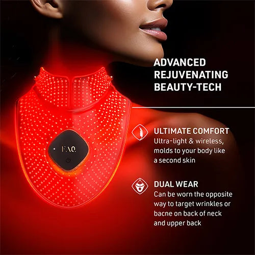 A close-up of a woman's neck and lower face wearing a glowing red LED neck massager device, with marketing text on a dark background.