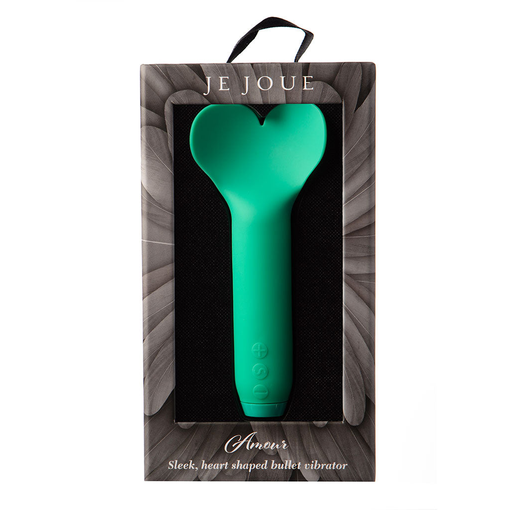 Green heart-shaped bullet vibrator in packaging with 'Je Joue' branding