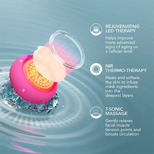 Pink and clear LED facial massager floating in water with text callouts describing rejuvenating LED therapy, NIR thermo-thérapie, and T-sonic massage benefits.