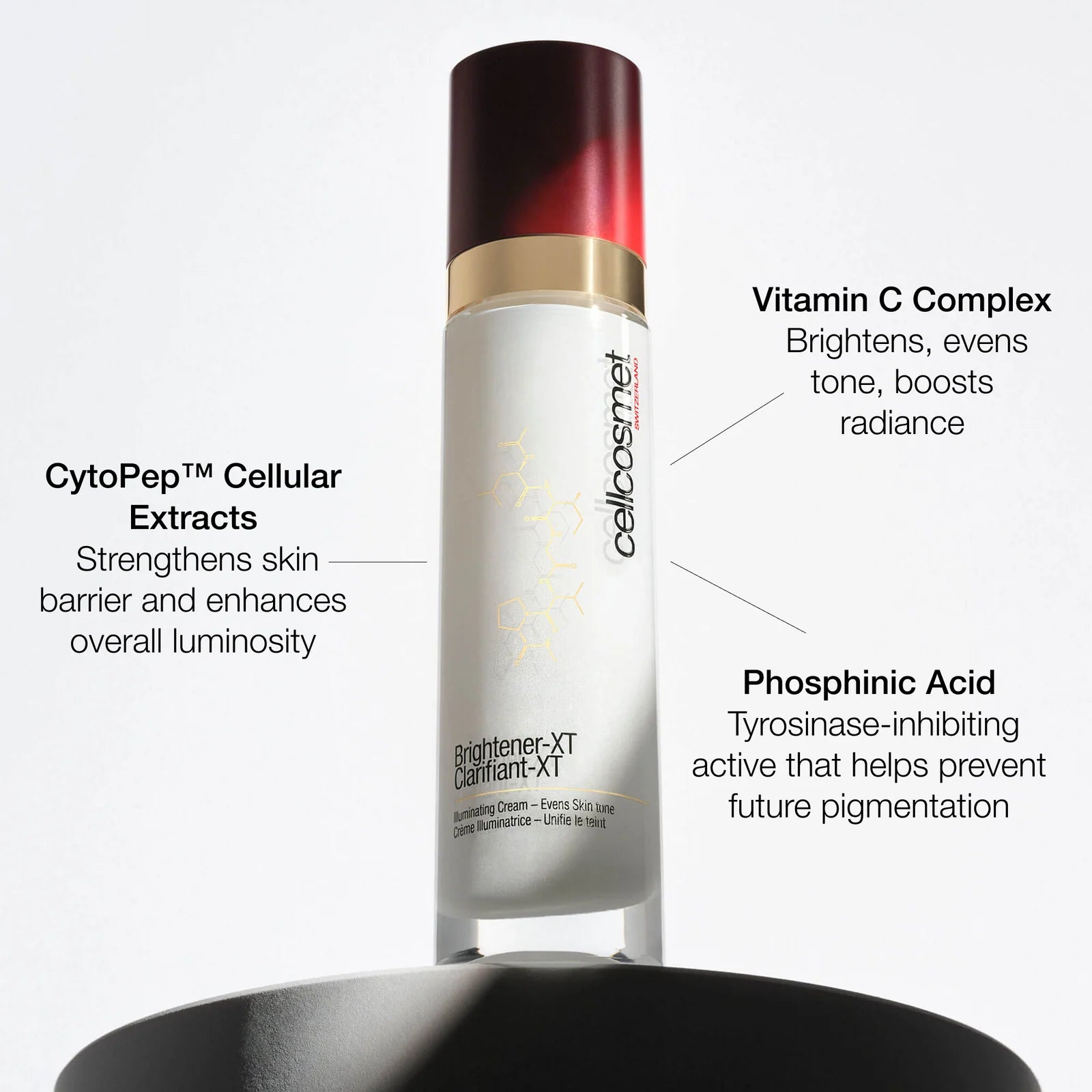 CellCosmet Brightener Skincare bottle with text highlighting ingredients and benefits on a white background