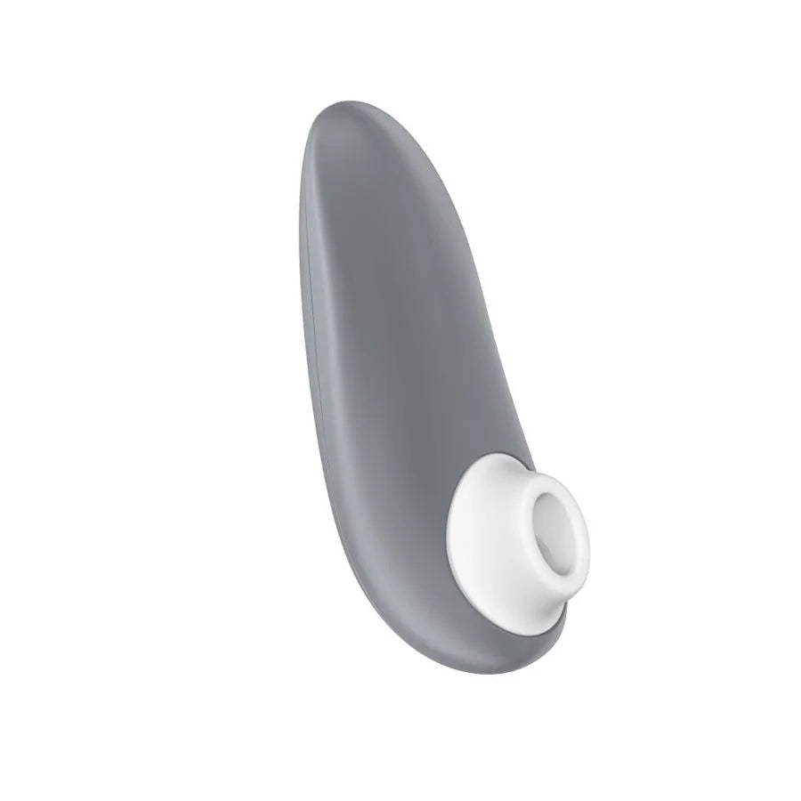 A gray silicone personal massager with a white cylindrical insert, shown on a solid white background.