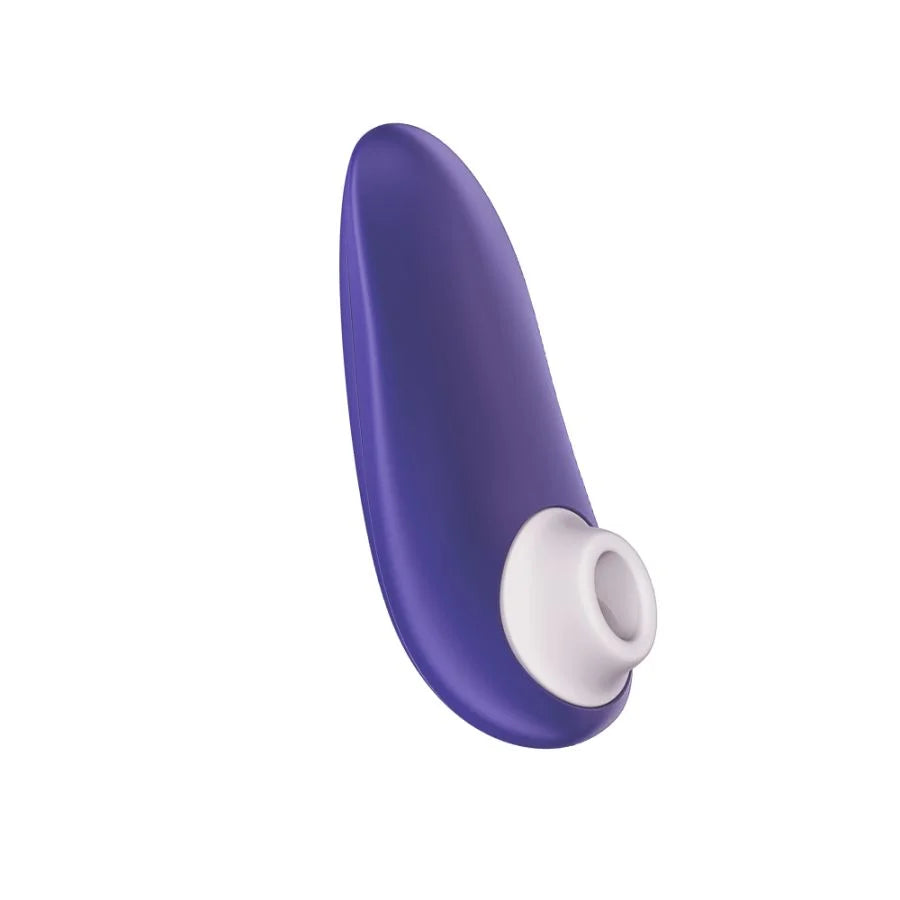 A purple curved personal massager with a white silicone sleeve, shown on a solid white background.
