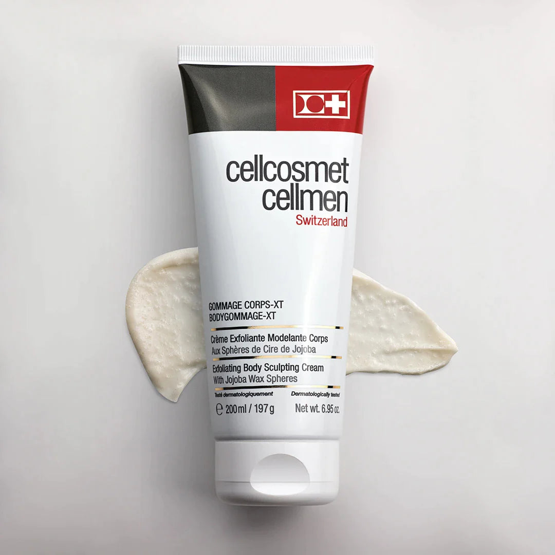 Tube of cellcosmet cellmen body scrub on a light gray background