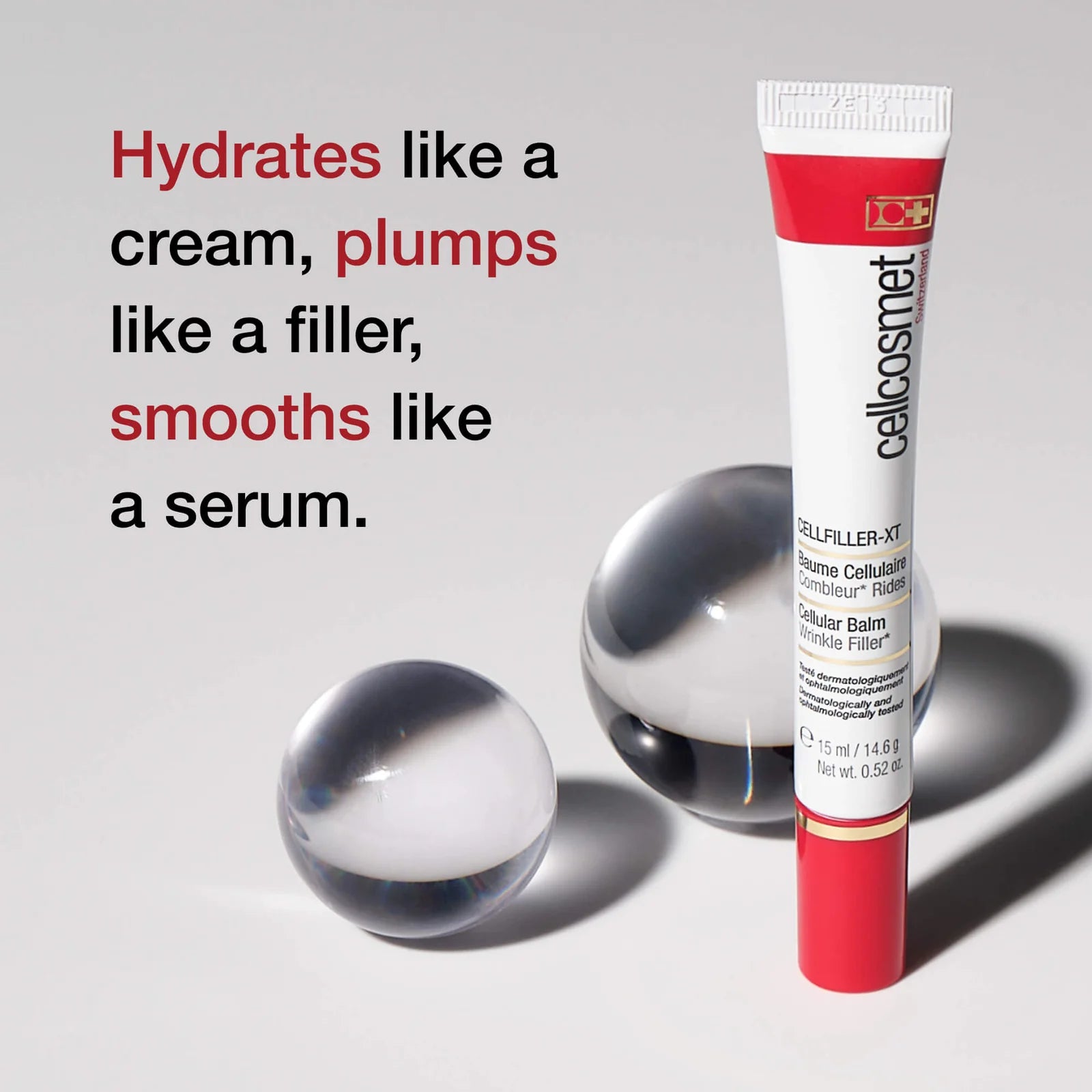 Cosmetic tube with text highlighting its benefits on a gray background