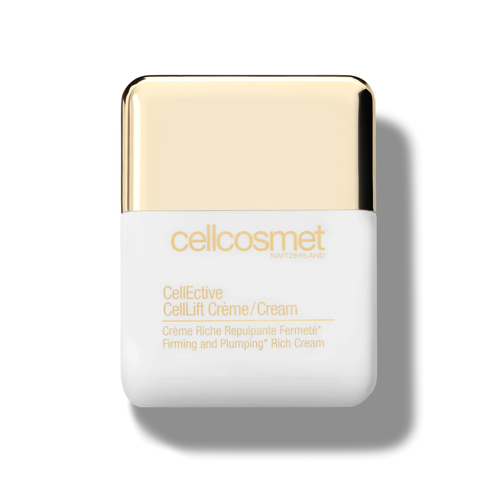 Skincare cream with gold cap on a white background, featuring the brand 'cellcosmet'.