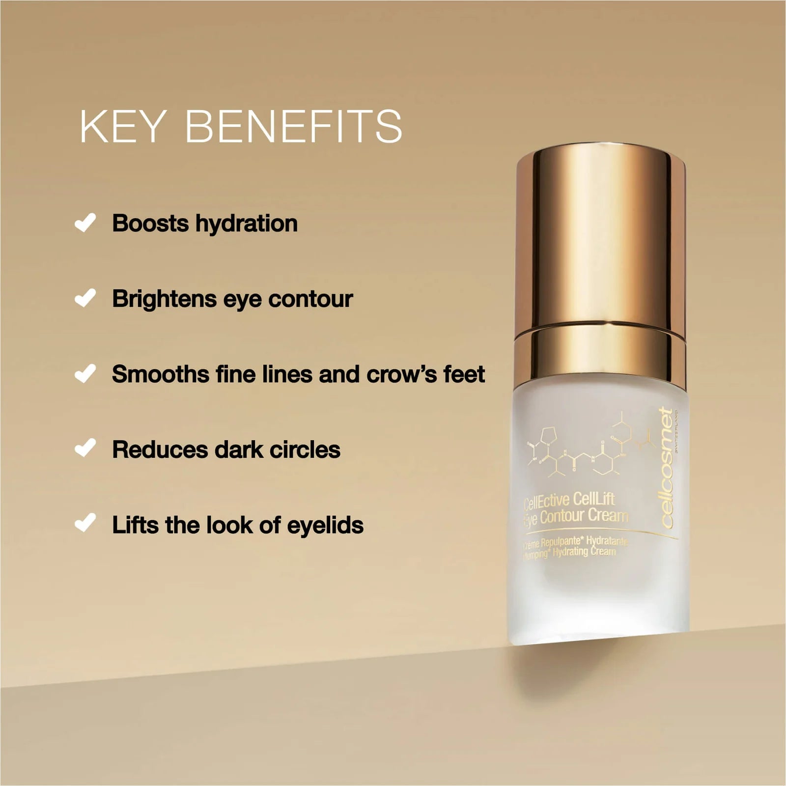 Cellcosmet Skincare serum bottle with key benefits listed on a beige background