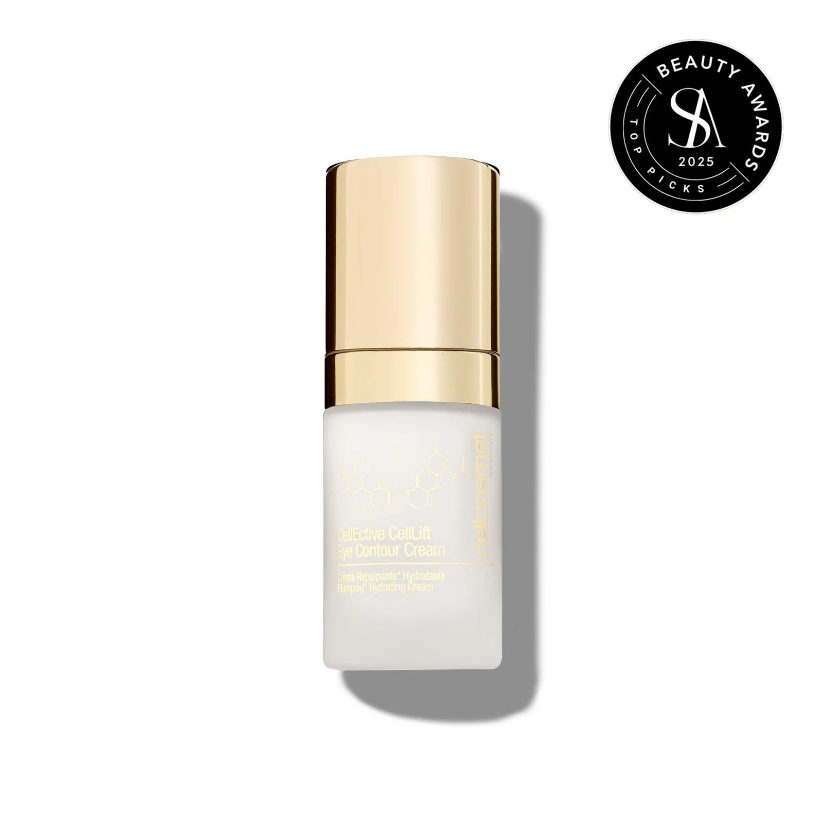 Cellcosmet Skincare bottle with gold cap on a white background, featuring a beauty awards badge.