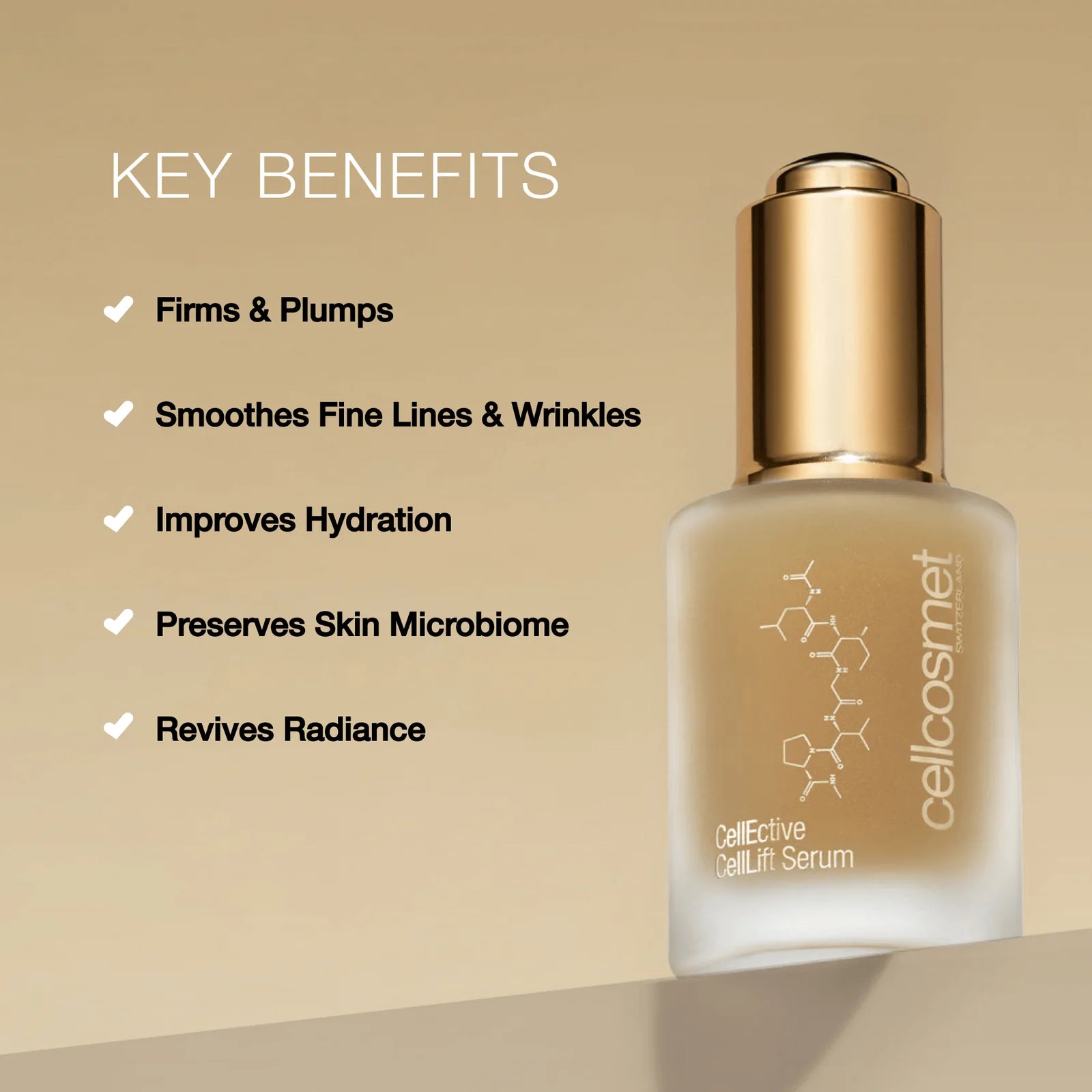 Cellcosmet serum bottle with key benefits listed on a beige background
