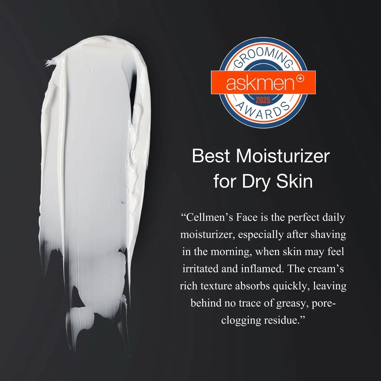 Moisturizer bottle with 'askmen' grooming awards badge and product description on a black background