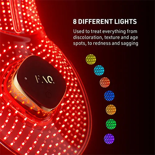 Red LED light therapy earbud with a black control button showing the brand 'FAQ.' and text stating '8 DIFFERENT LIGHTS' with color circles on a dark background.