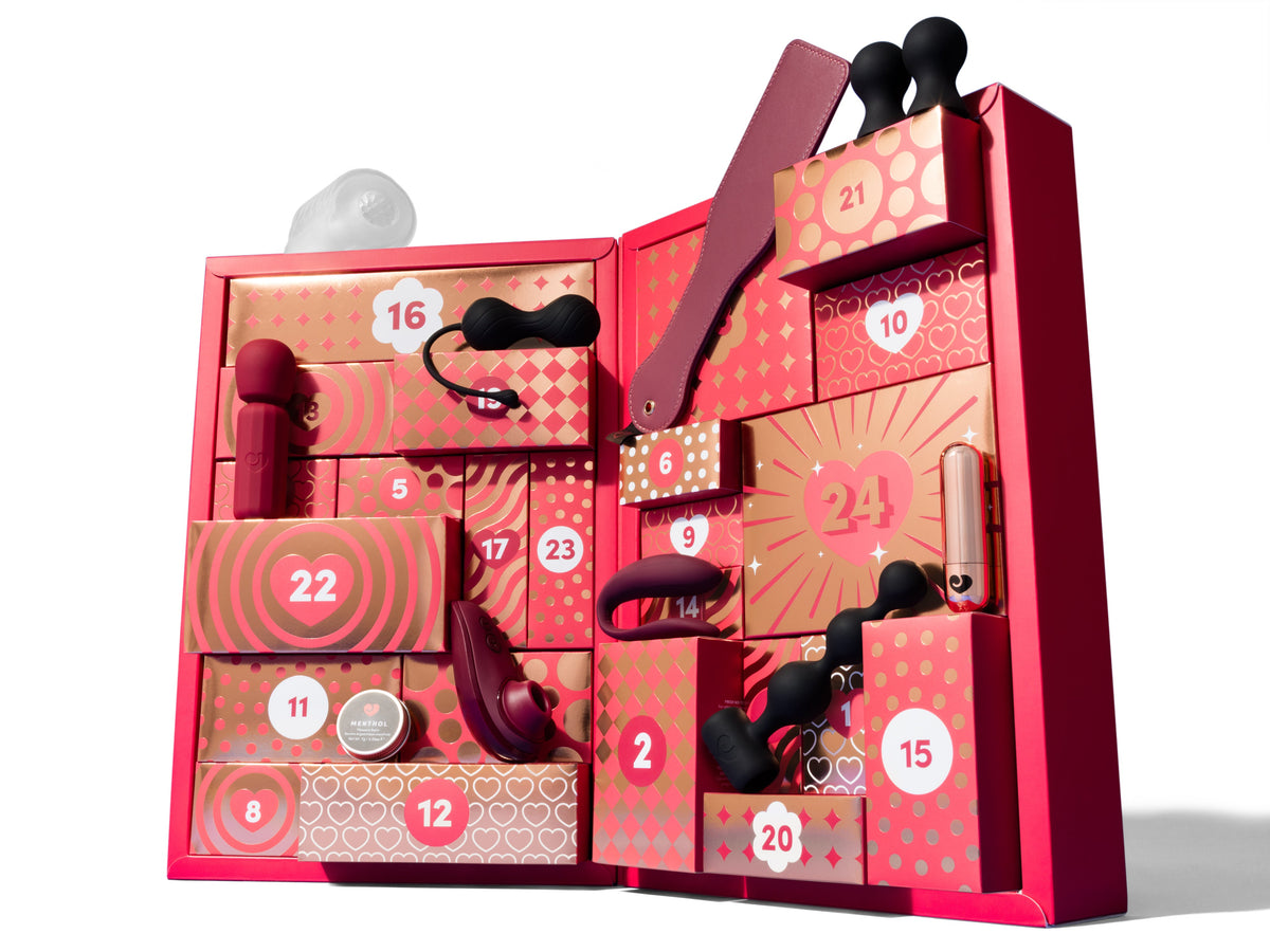 red advent calendar with scattered sex toys on it