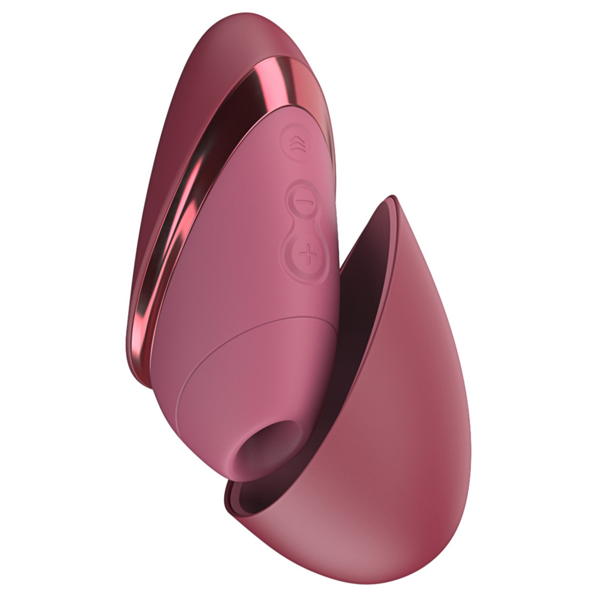 A modern, egg-shaped personal massager in a glossy rose gold finish, shown with its matching charging dock against a solid white background.