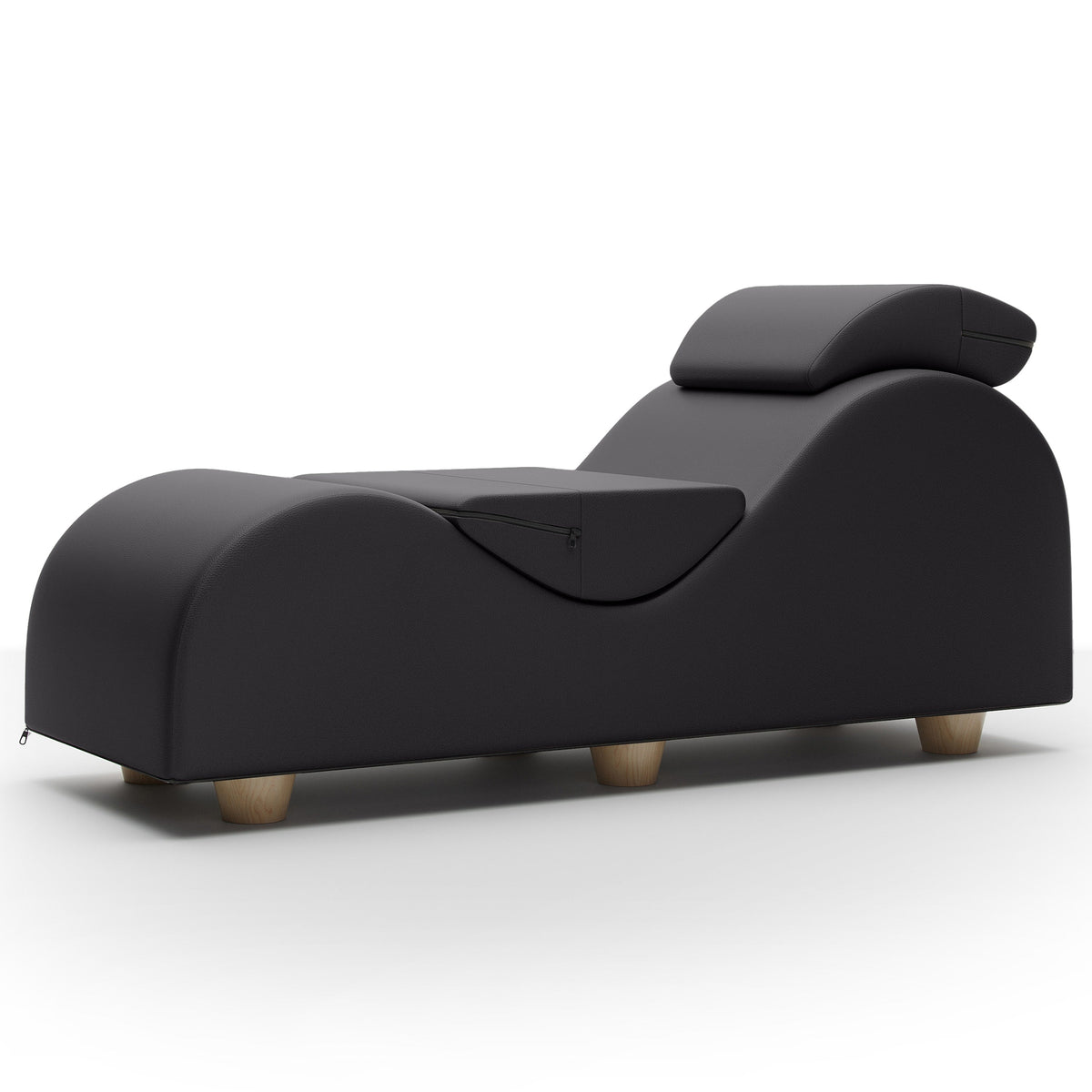 A modern black chaise lounge chair with light wood legs, shown from a three-quarters angle on a clean white background.