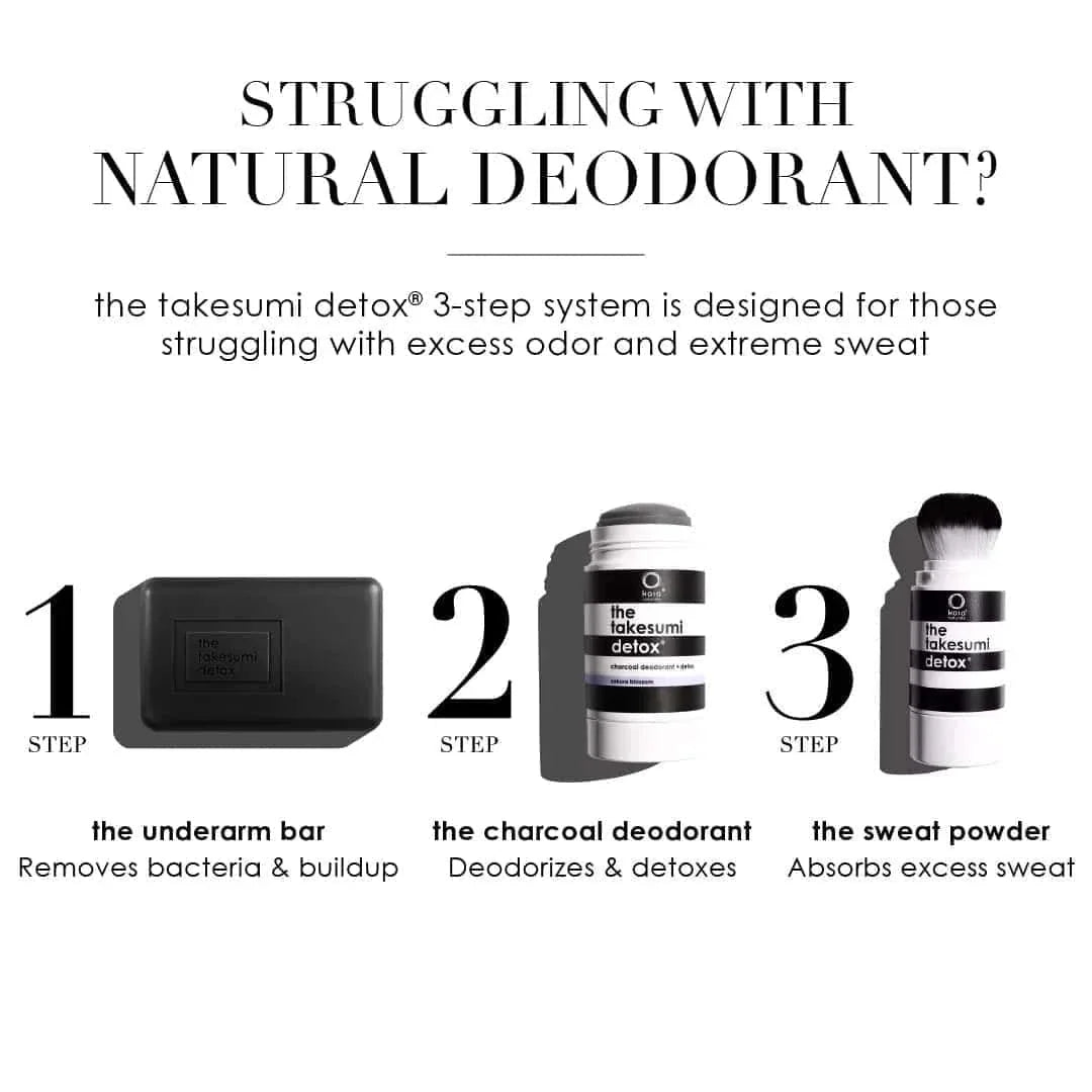 Advertisement for the takesumi detox 3-step system for natural deodorant, featuring a bar, deodorant stick, and sweat powder.