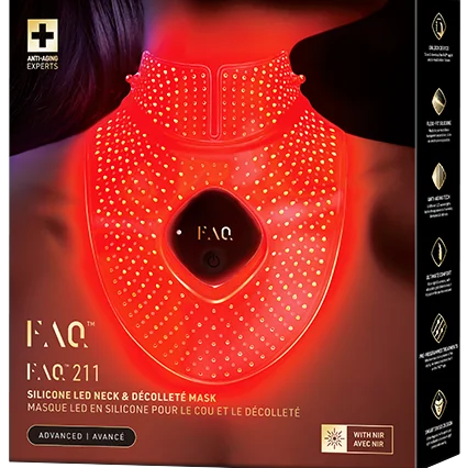 FAQ 211 silicone LED neck and décolleté mask packaging with red light effect