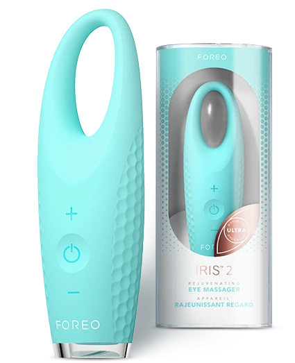 teal FOREO IRIS eye massager with packaging