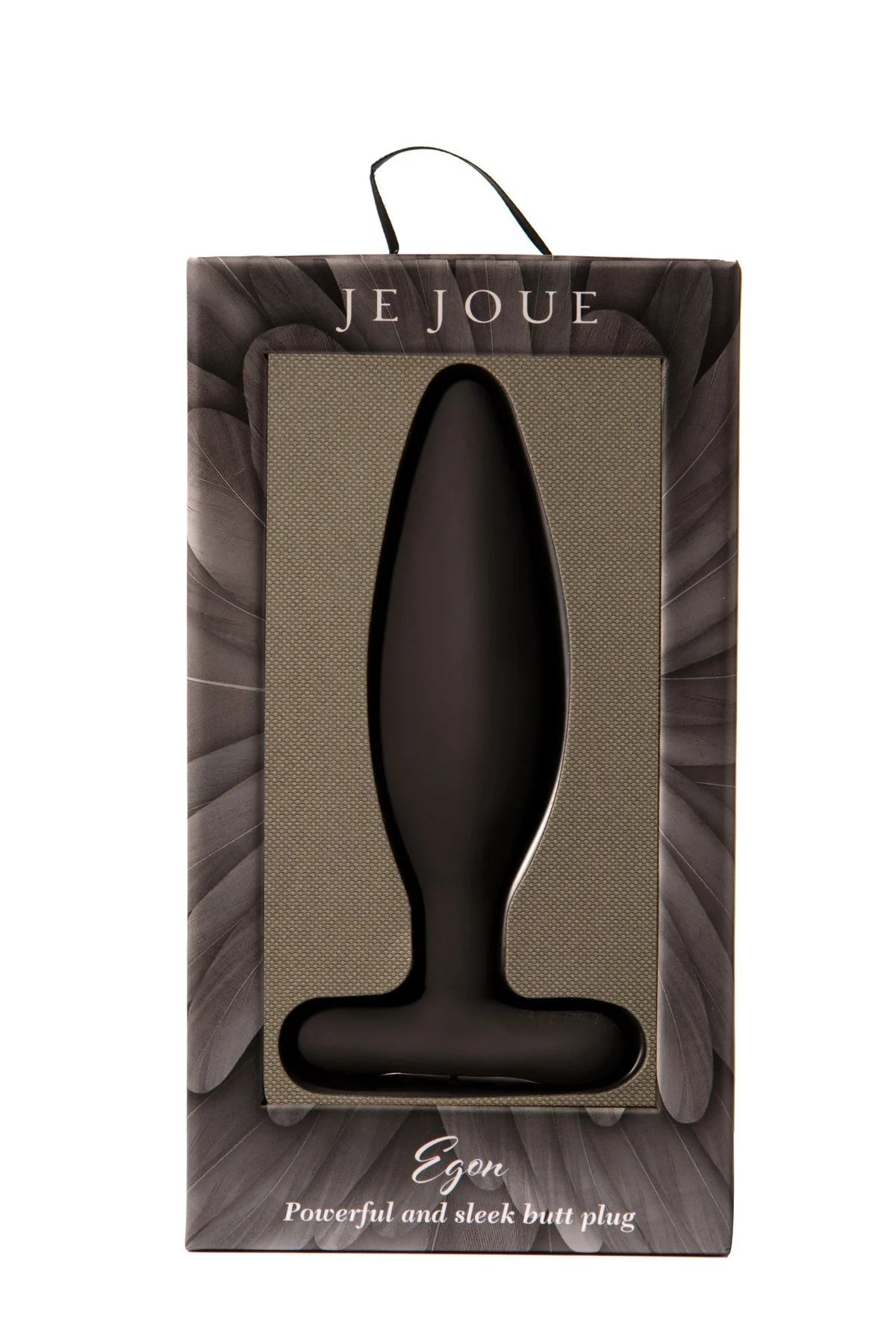 Black butt plug in packaging with 'JE JOUE' branding on a white background