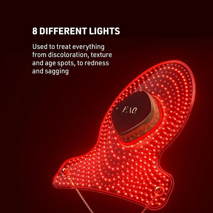 Red LED light therapy panel with a circular control pad, shown on a dark red background with white text reading '8 DIFFERENT LIGHTS'.