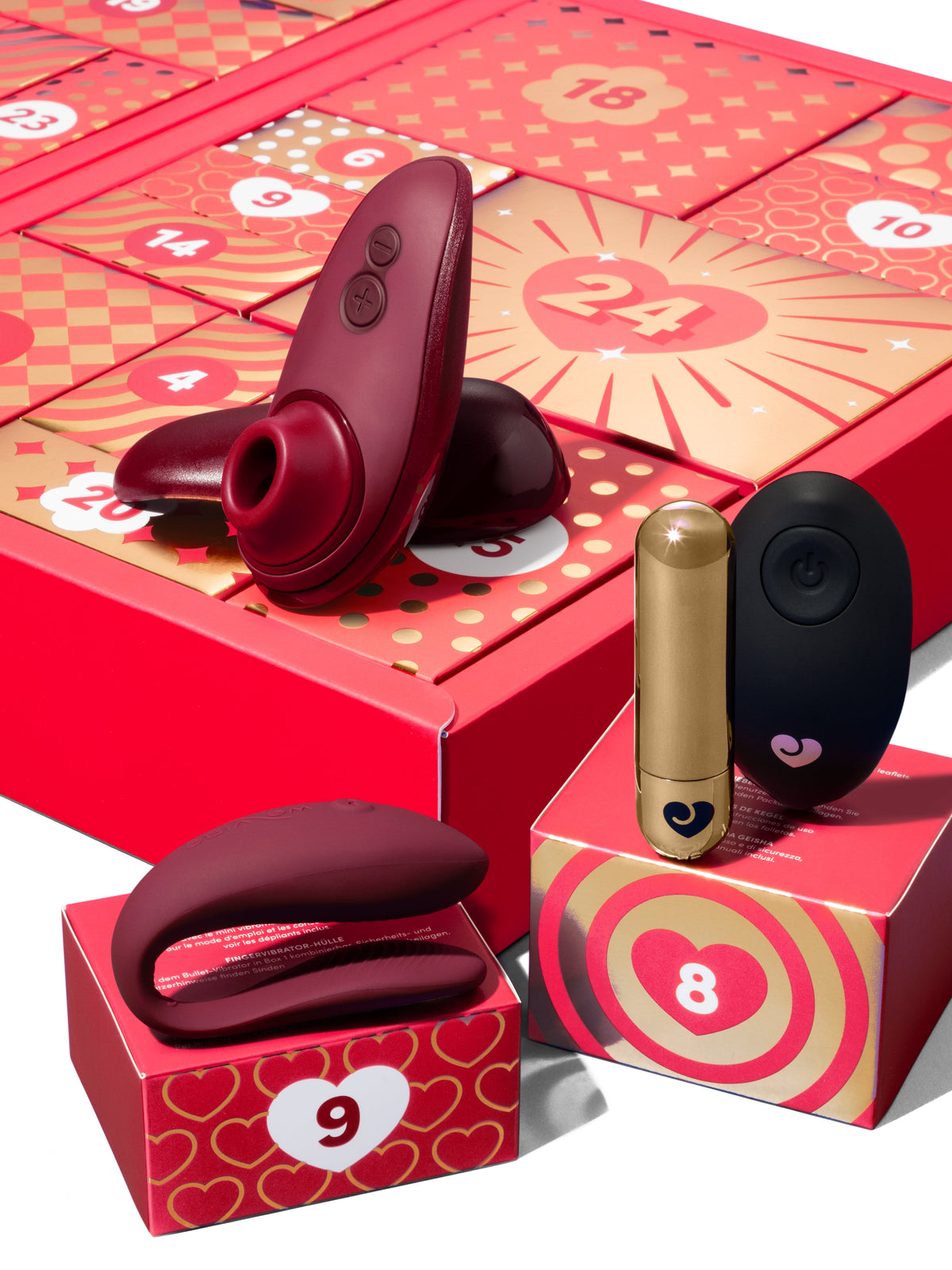 close up of red advent calendar with mix of sex toys