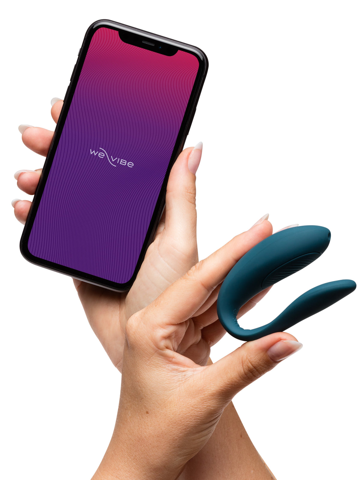 close up of person holding blue silicone massager and phone with we-vibe app