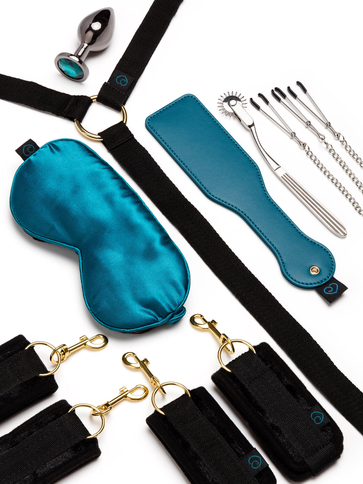 blue blindfold and restraints on white background