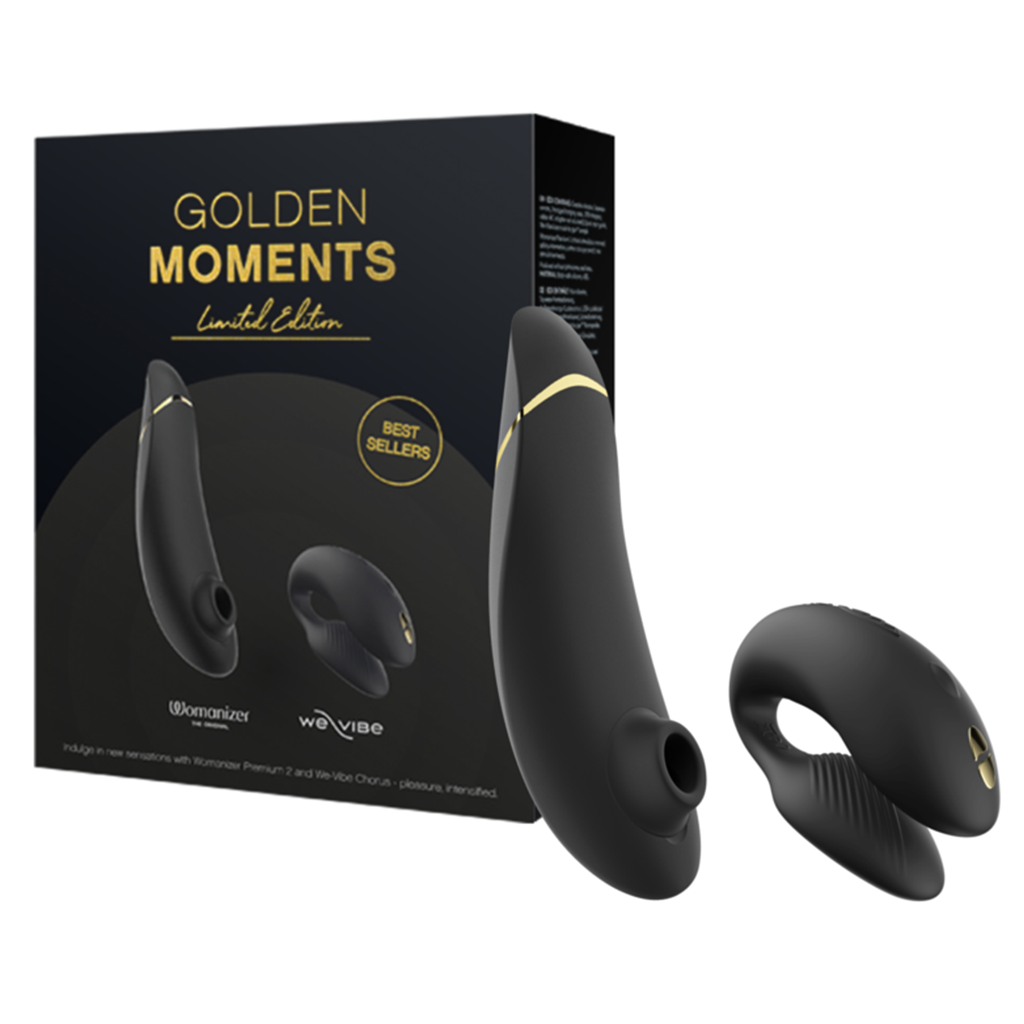 Black and gold product with packaging labeled 'Golden Moments' on a white background