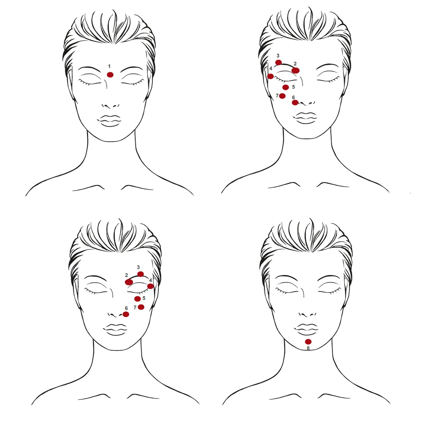 Illustrations of a face with acupressure points marked on a white background