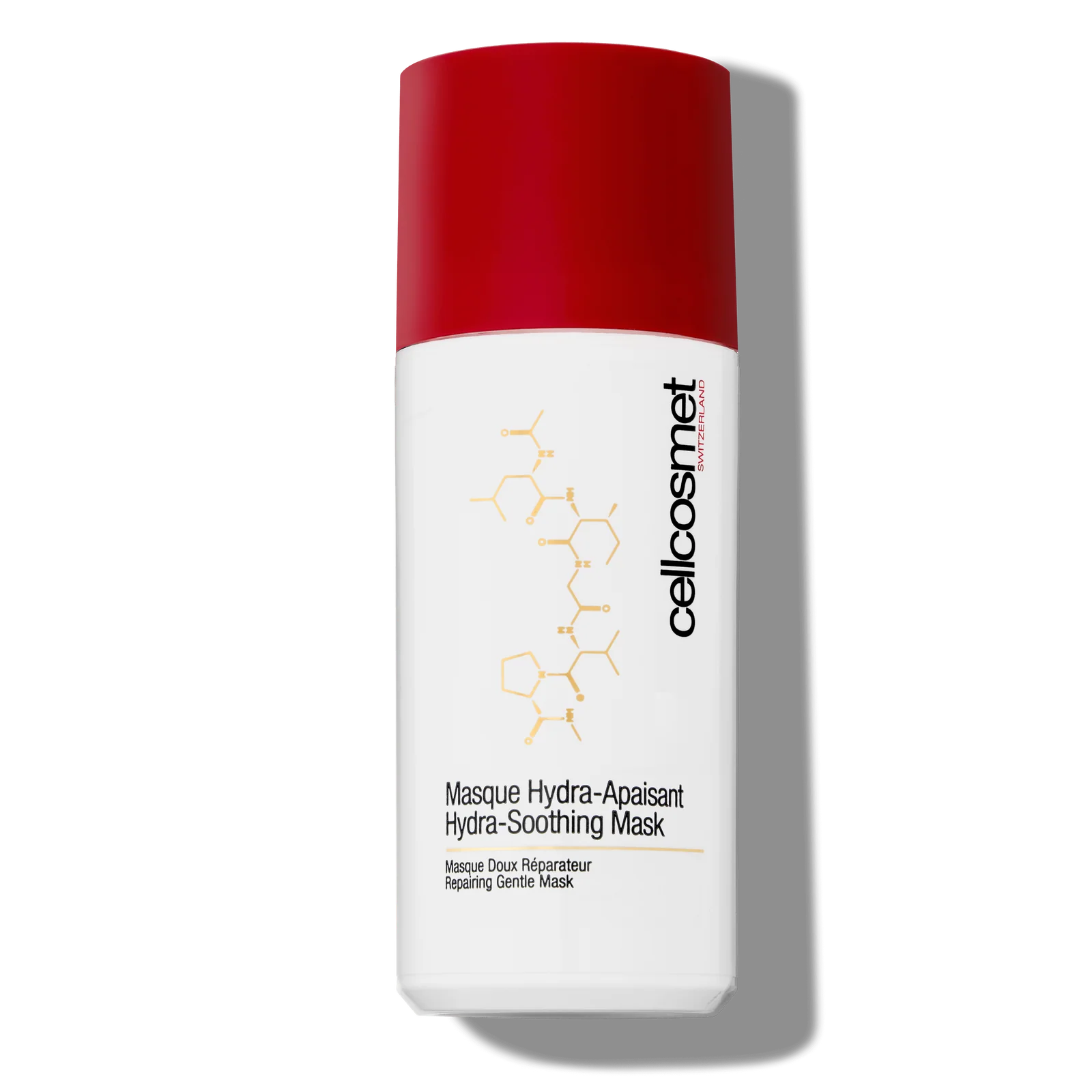 Cellcosmet Skincare mask bottle with red cap and white body on a white background