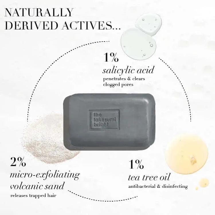 Gray bar of soap with text detailing natural ingredients on a white background