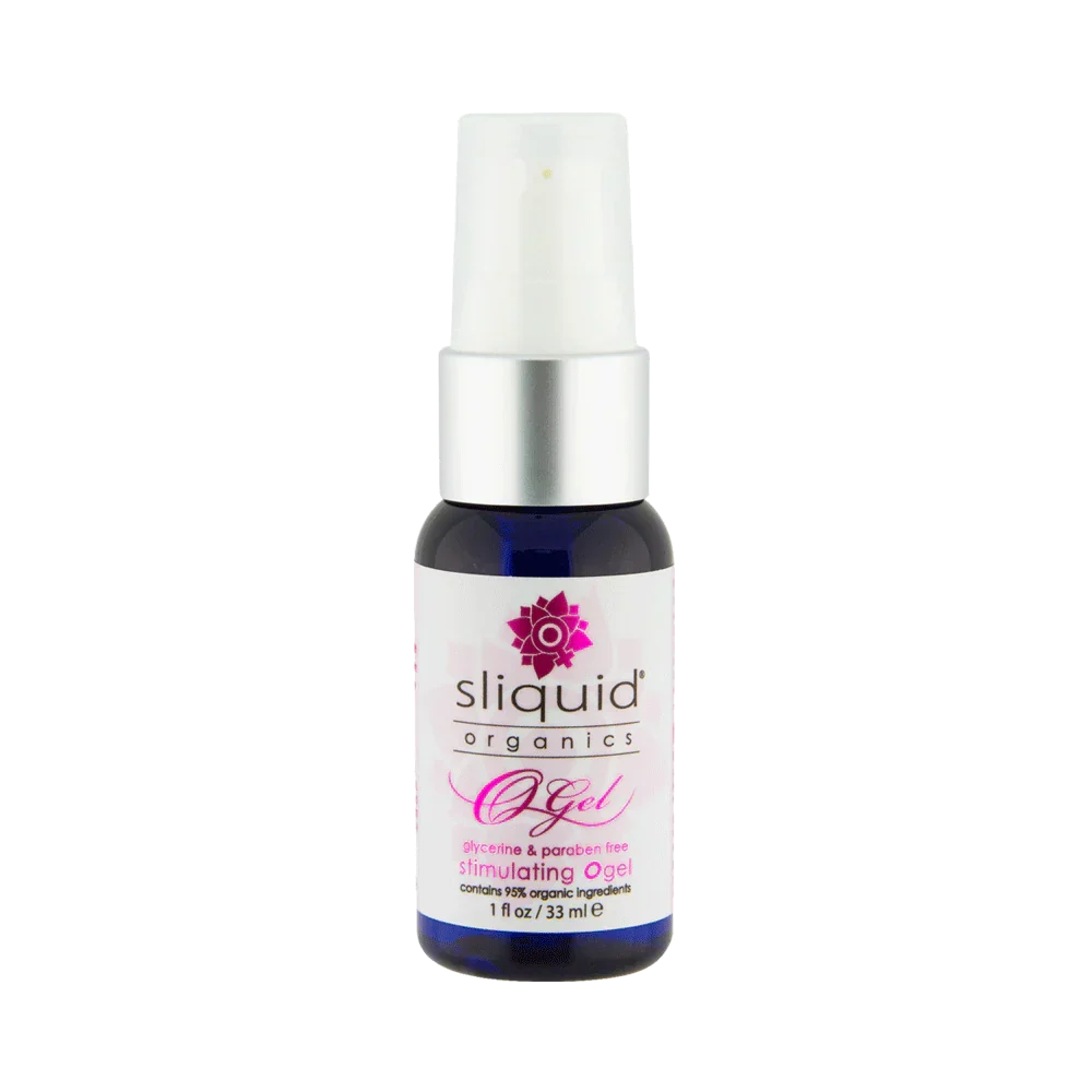 Sliquid Organics O Gels Stimulating Oel in a 1 fl oz (30 ml) dark blue glass spray bottle with a white and silver pump dispenser.