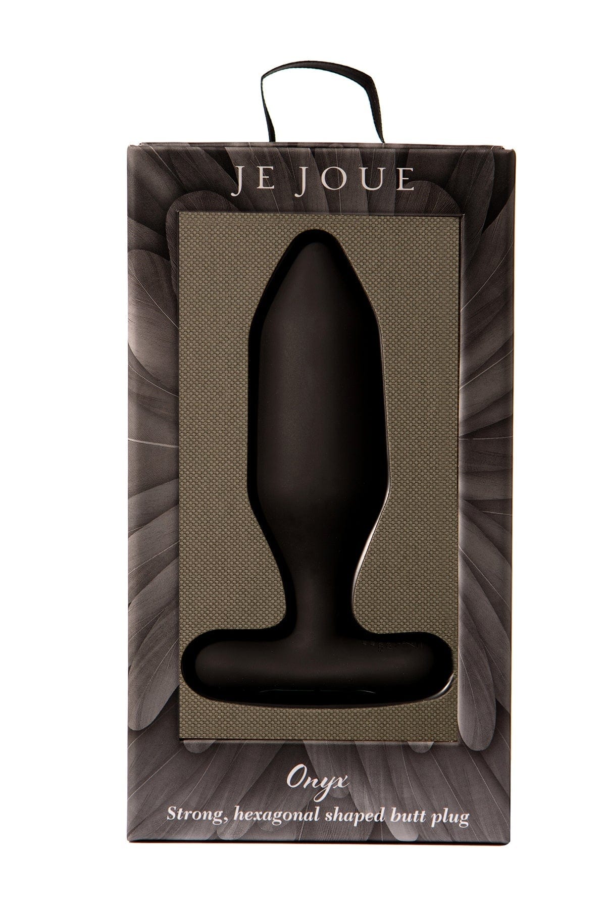 JE JOUE Onyx Strong, hexagonal shaped butt plug in its original retail packaging, featuring a matte black product visible through a textured gray window on a dark gray box.